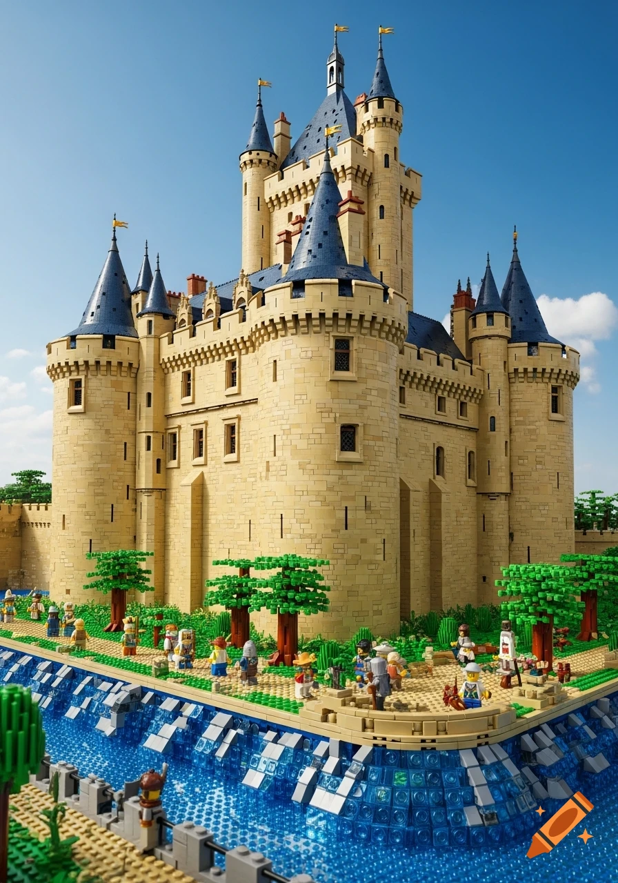 A detailed Lego model of a grand medieval castle with numerous towers and blue roofs, set beside a blue Lego brick river with small trees and minifigures on the bank under a clear sky.