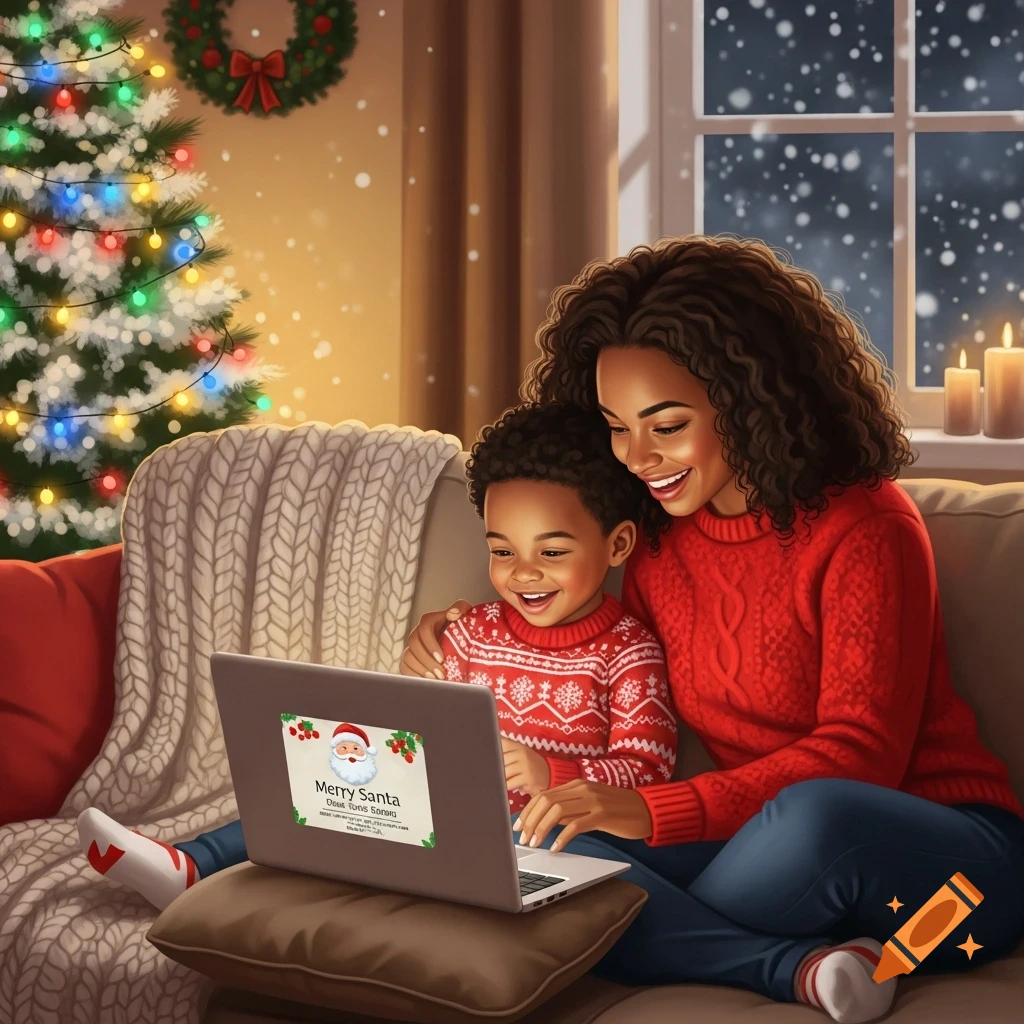 A happy mother and child in red sweaters look at a laptop screen in a cozy room with a decorated Christmas tree and falling snow outside a window.