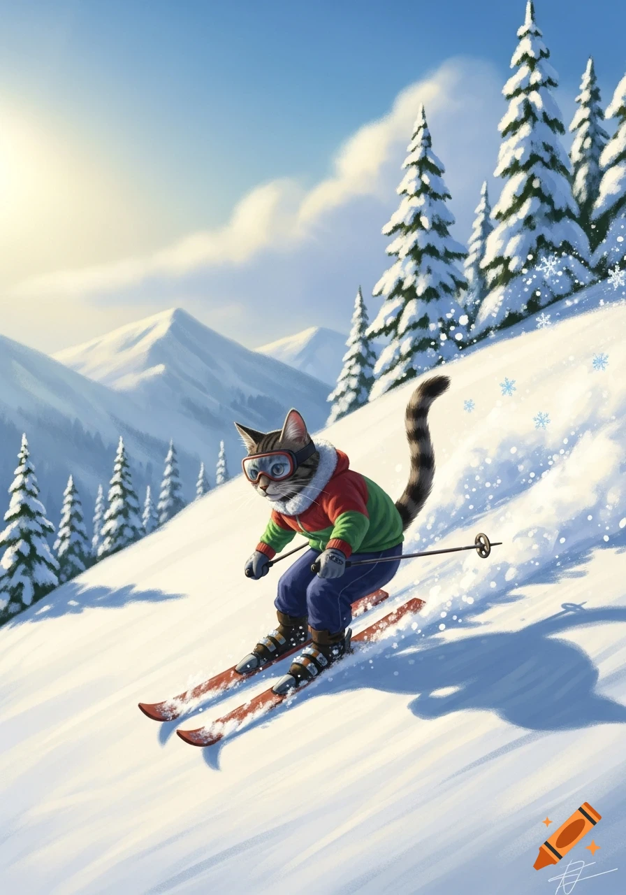 A cartoon cat wearing ski goggles and a colorful jacket skis down a snowy mountain slope amidst pine trees.