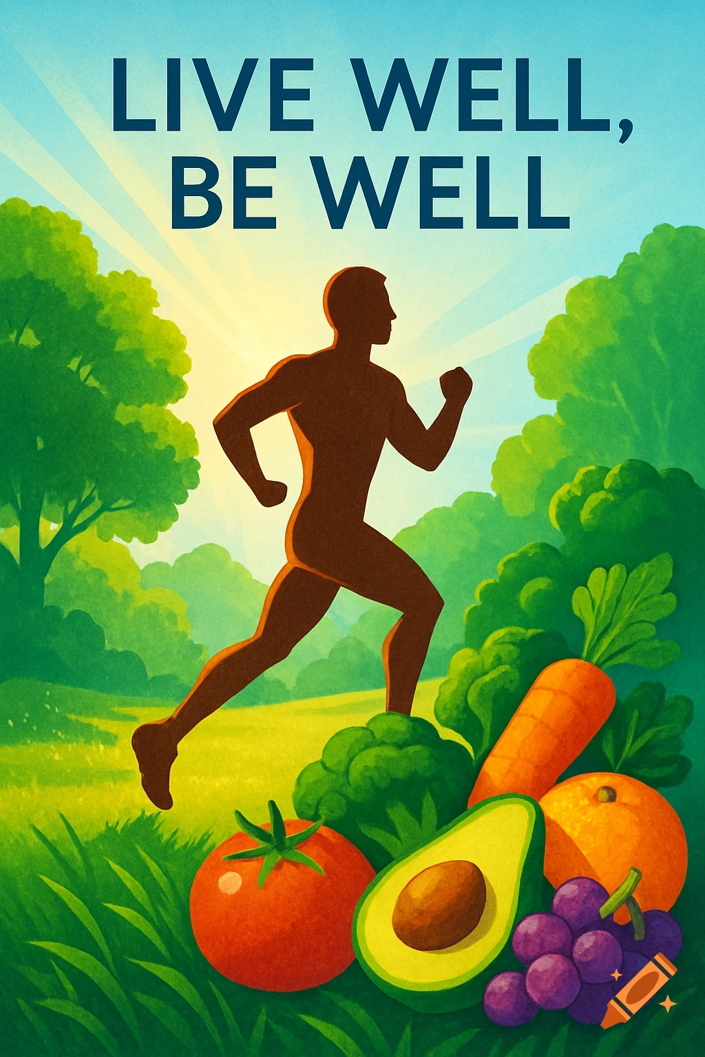 Illustrated poster with a running silhouette, healthy foods, and text 'LIVE WELL, BE WELL'.