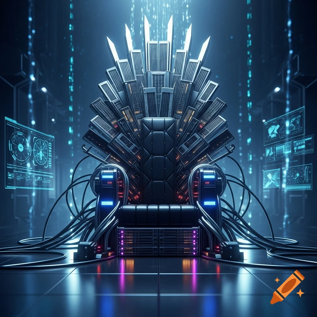 A majestic throne chair constructed from stacked server racks and networking equipment in a glowing data center with futuristic screens.