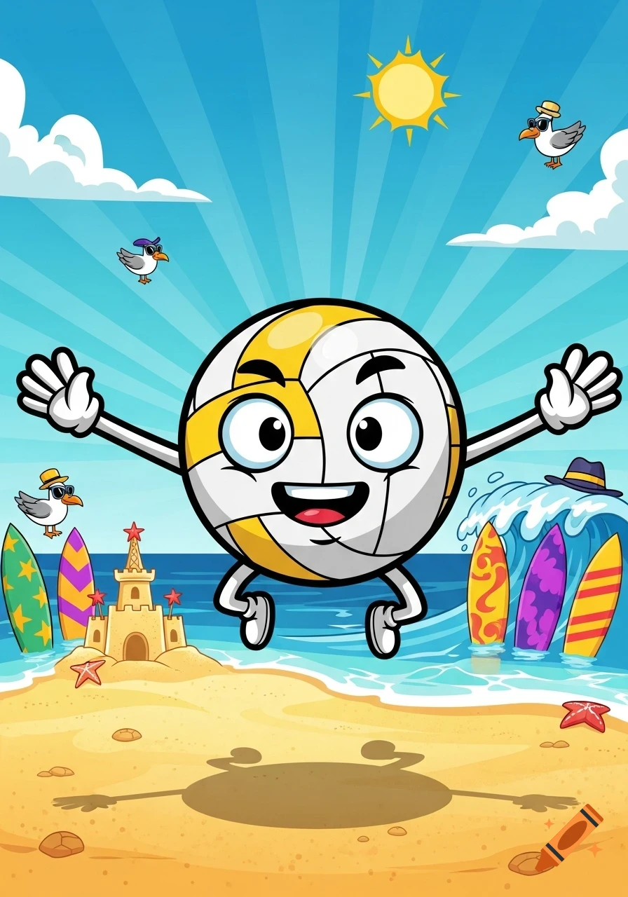 A happy cartoon volleyball character with arms outstretched on a sunny beach with sandcastles and surfboards.
