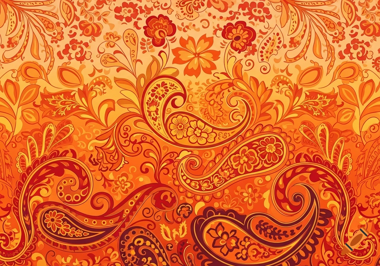 Vibrant orange, red, and yellow country pattern featuring ornate paisley and floral motifs.