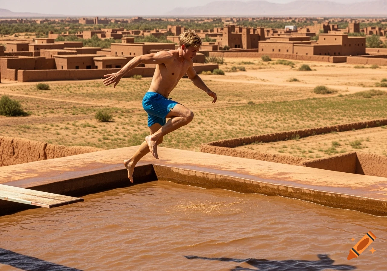 A blonde man in blue swim trunks jumps into a brown pool on a rooftop overlooking a desert town with adobe buildings.