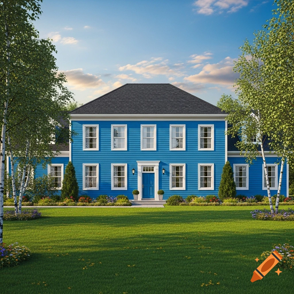 A vibrant blue house with white trim stands prominently on a lush green lawn under a clear blue sky, flanked by tall trees.