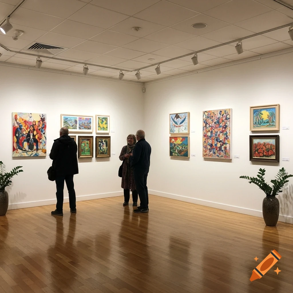 Three people viewing paintings in a well-lit art gallery with wooden floors and potted plants.