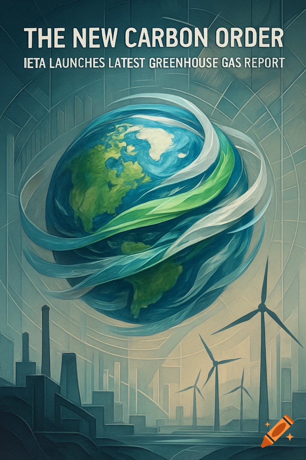 Illustrative graphic with the Earth wrapped in ribbons, industrial buildings, and wind turbines, with text 'THE NEW CARBON ORDER: IETA LAUNCHES LATEST GREENHOUSE GAS REPORT'.