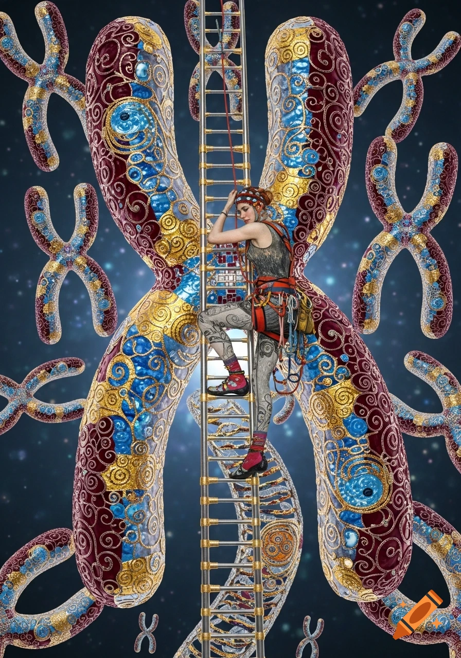 A woman in climbing gear ascends a giant, ornate chromosome shaped like a ladder, against a starry background, in an art nouveau style.