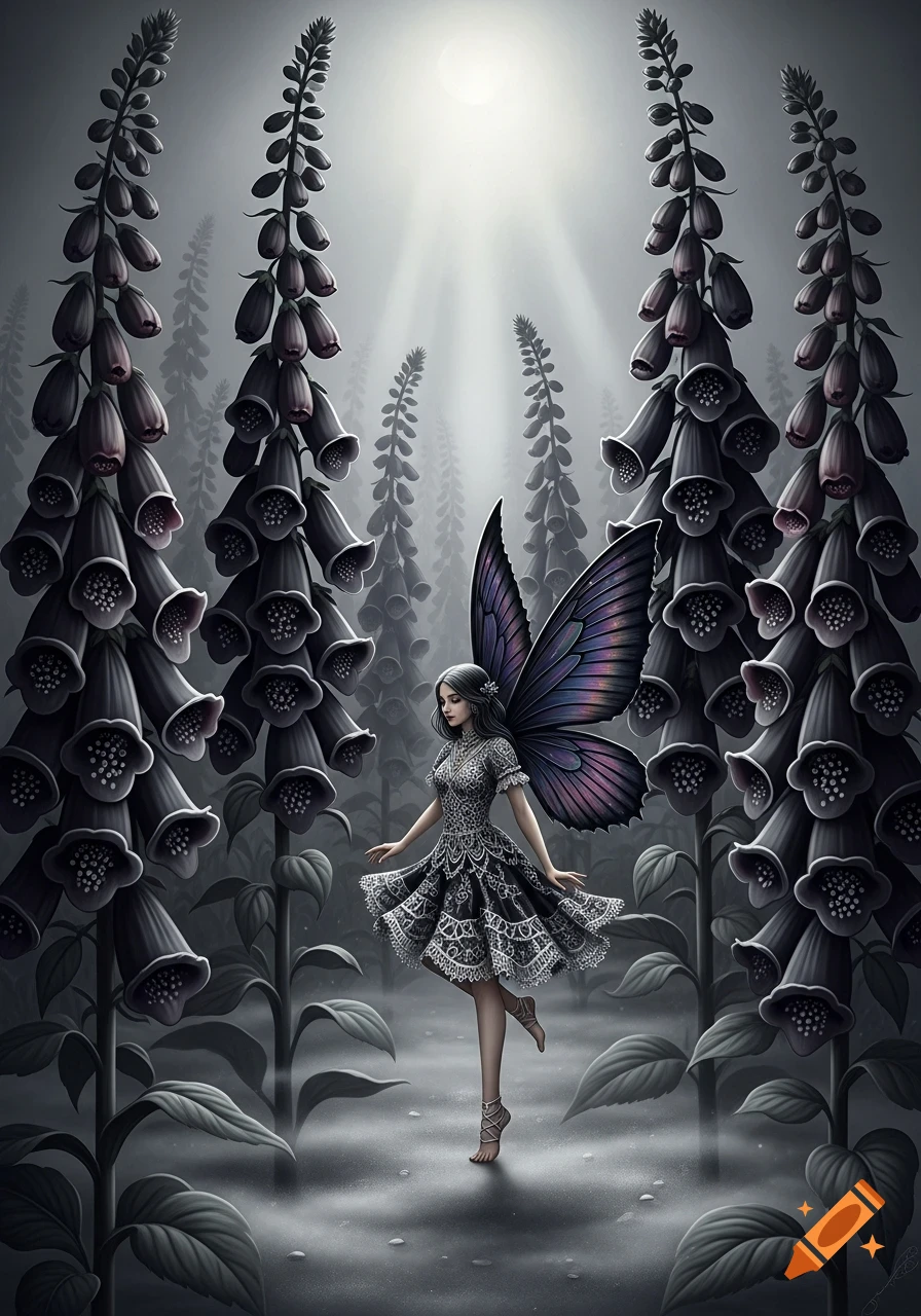 A gothic fairy with purple wings dances among tall dark foxglove flowers in a misty, ethereal setting.