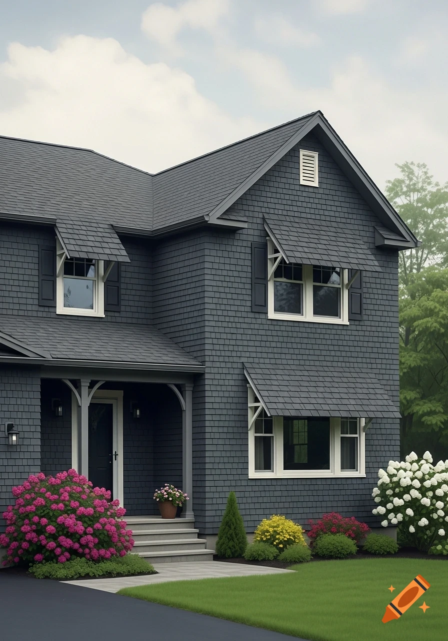 A dark gray house with asphalt shingle siding and roof, featuring shingle awnings over the windows. The front yard has green grass, a paved driveway, and lush bushes including pink and white hydrangeas.