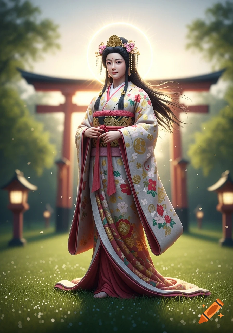 A woman in a beautiful, ornate traditional Japanese kimono stands in a lush garden with a glowing halo behind her head and a torii gate in the background.