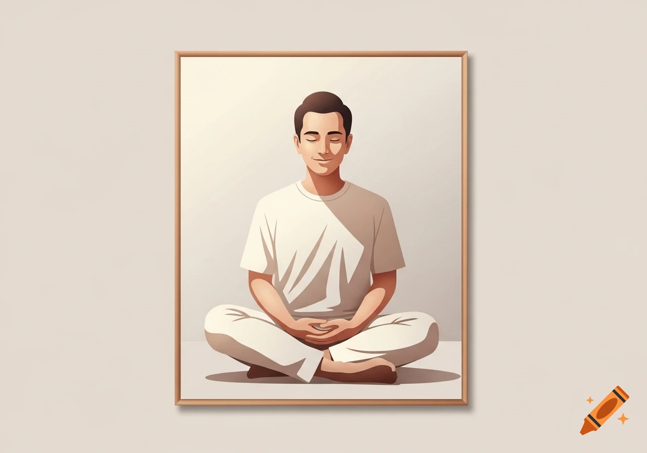 A stylized drawing of a man meditating with his eyes closed and hands in his lap, sitting cross-legged against a plain background.