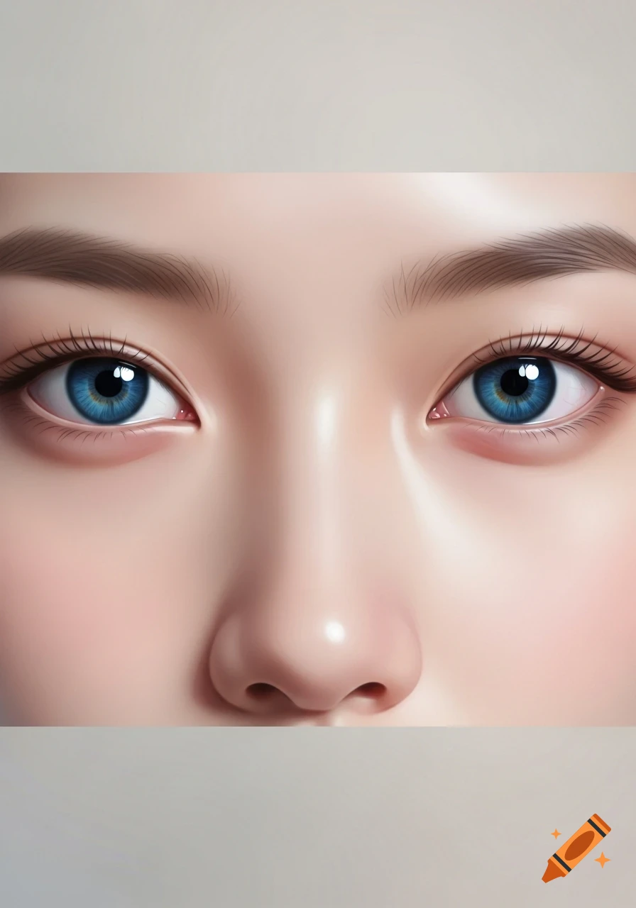 Close-up of a person's face showing bright blue eyes, defined eyebrows, and a smooth nose.