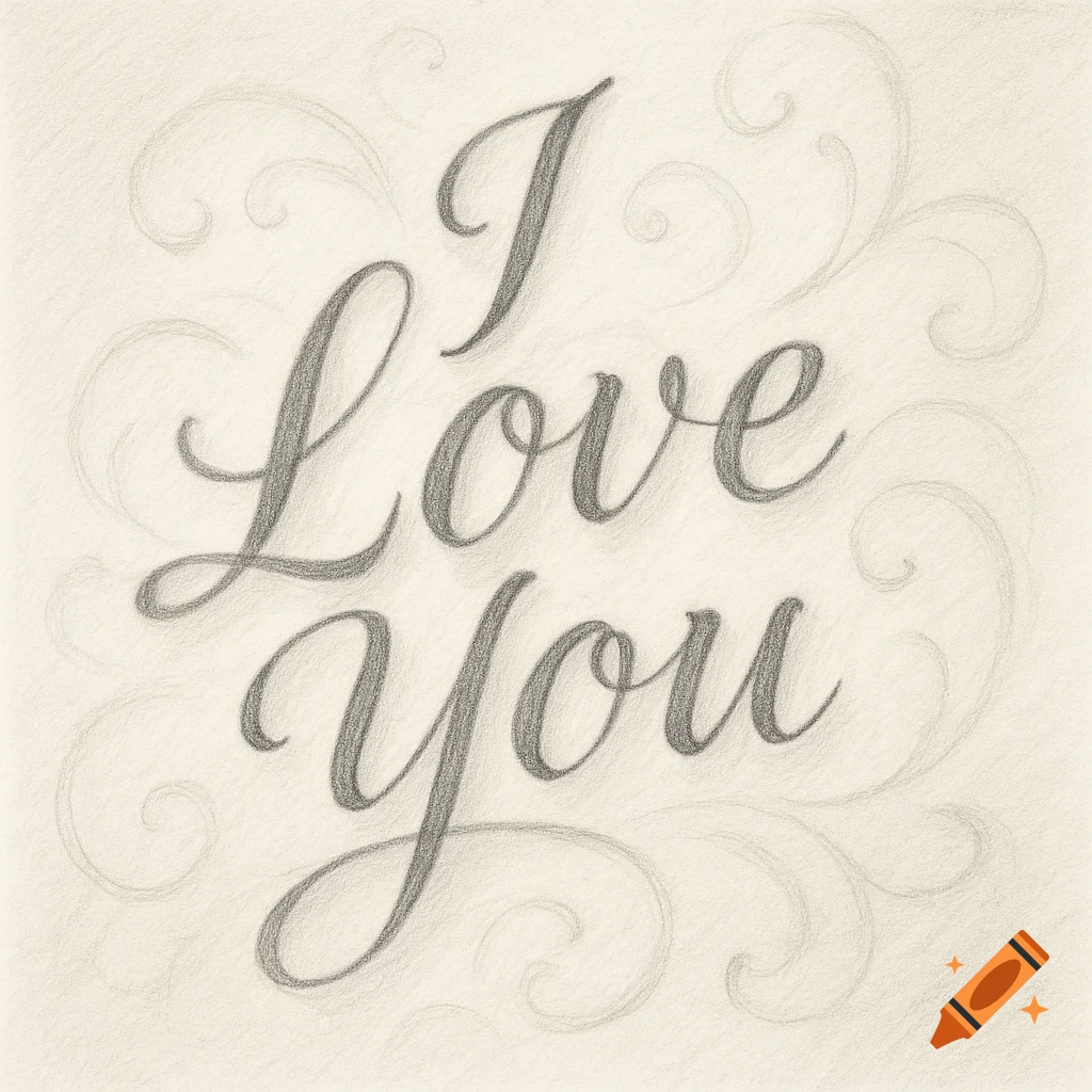 Pencil drawing of the phrase 'I Love You' in elegant script with decorative swirls.