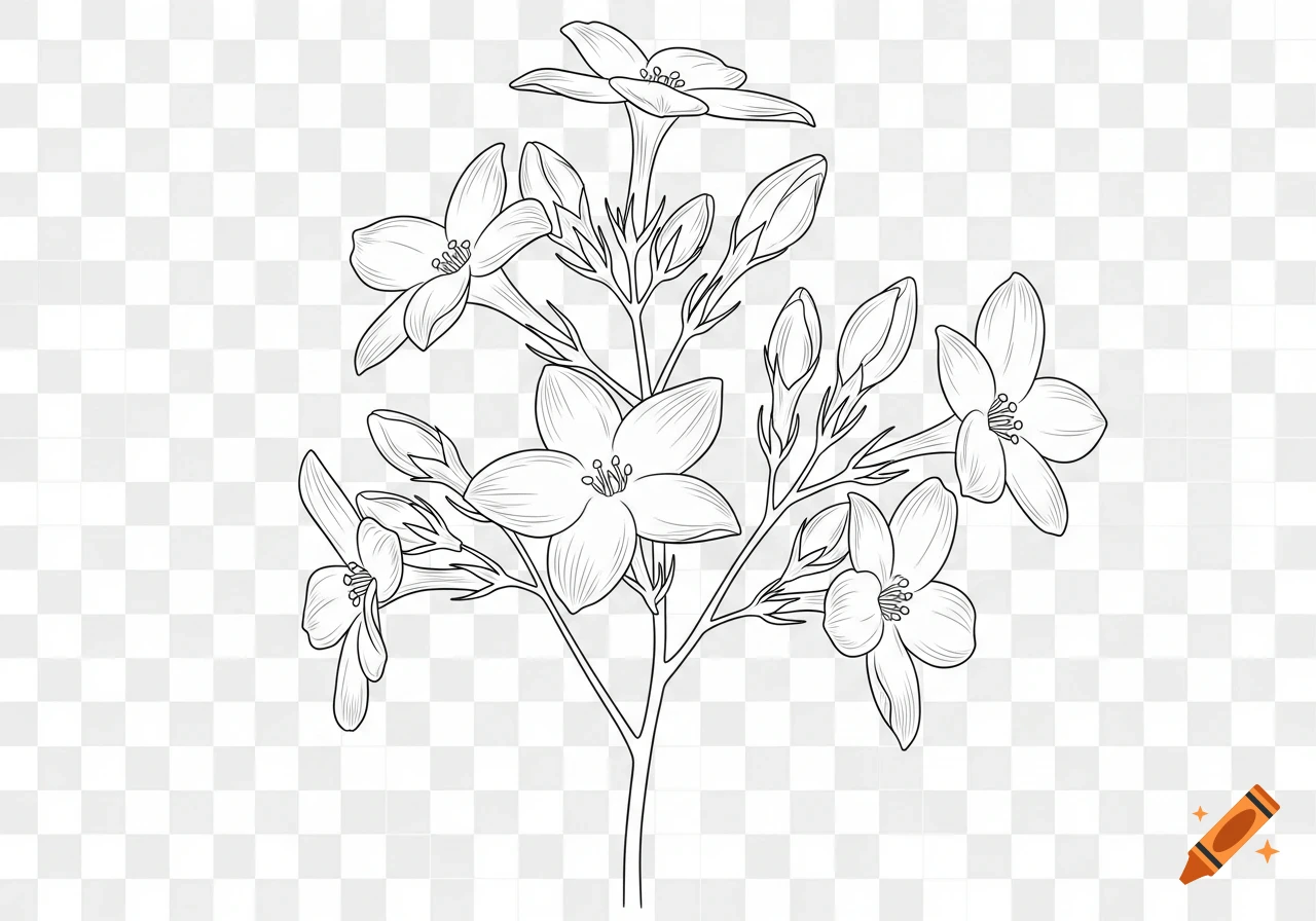 Black and white outline drawing of jasmine flowers with several blooms and buds on a branch, on a transparent background.