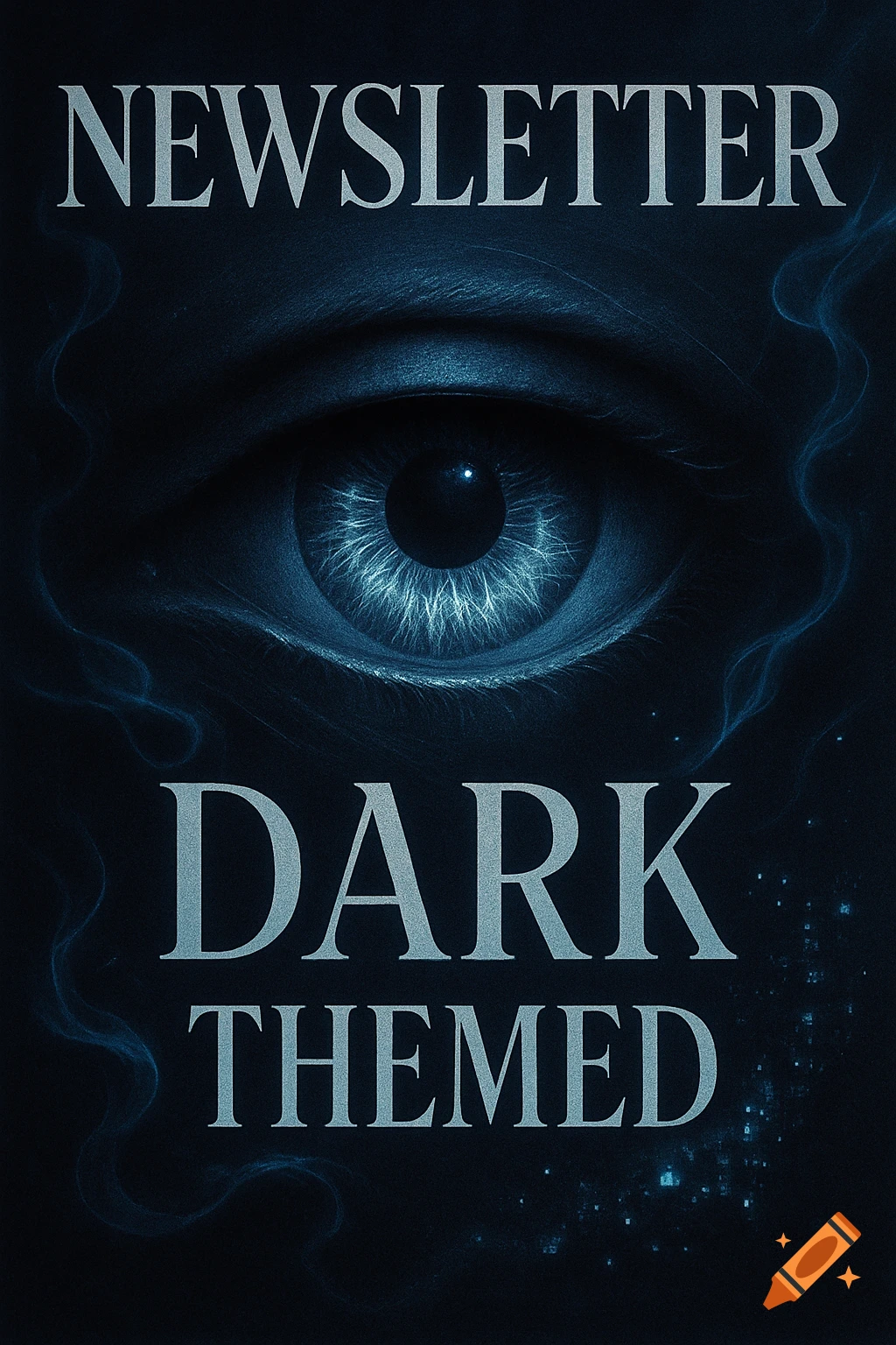A stylized dark blue eye with glowing iris and smoky tendrils, with 'NEWSLETTER' and 'DARK THEMED' text.