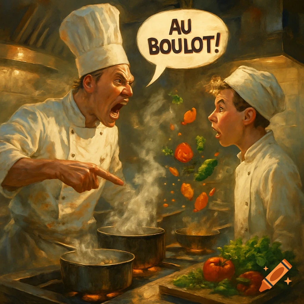 An oil painting of an angry chef yelling 'AU BOULOT!' at a surprised junior chef in a steamy kitchen with flying vegetables.