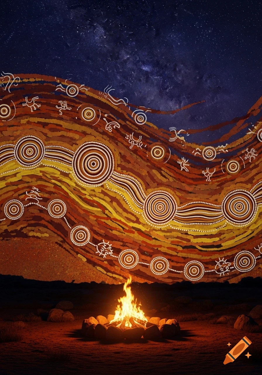 Vibrant Aboriginal art depicting an ochre landscape under a starry night, with a campfire burning brightly.