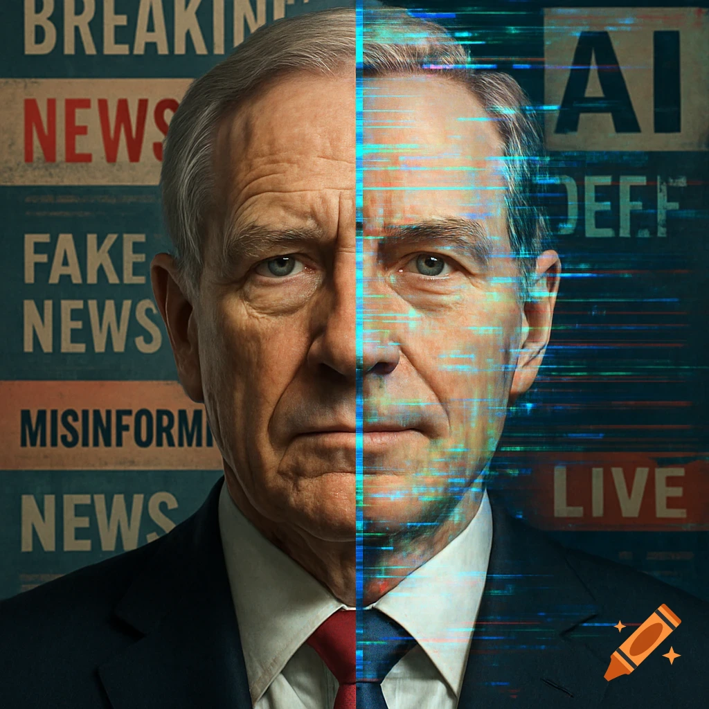 Split portrait of an older man, one side realistic, other digitally pixelated; background features news headlines like 'FAKE NEWS' and 'AI'.