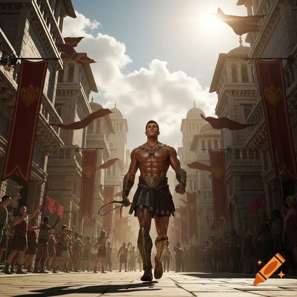 Muscular, shirtless man in Roman attire parades through a sunlit ancient city street with cheering crowds.