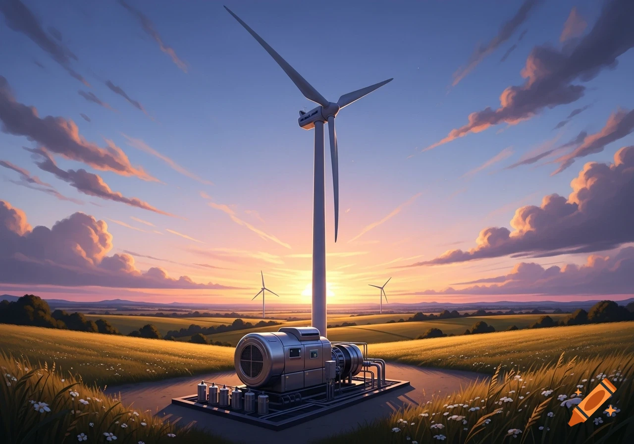 A wind turbine and generator in a golden field under a colorful sunset sky with clouds, digital painting.