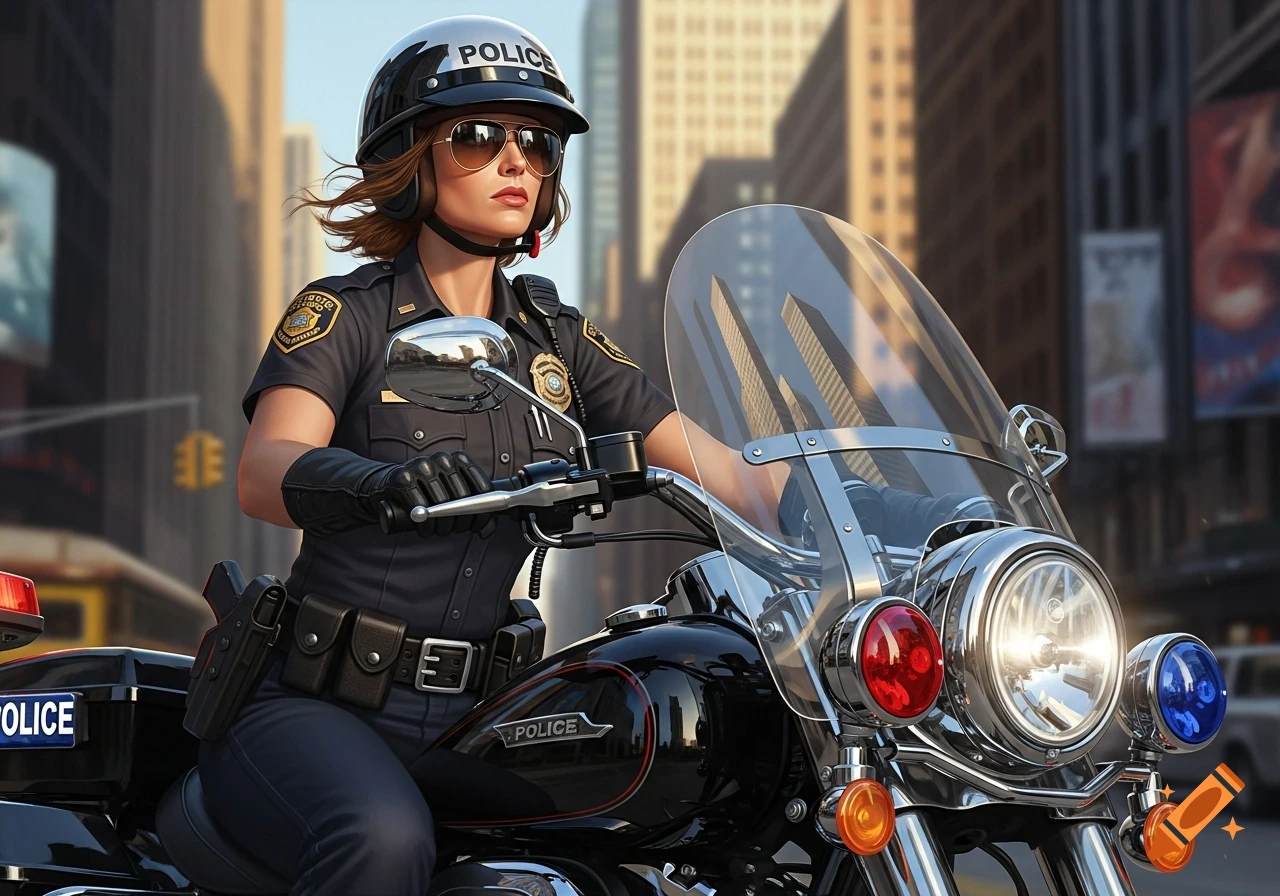 A photorealistic image of a female motorcycle cop wearing a helmet and sunglasses, riding her motorcycle through a city.