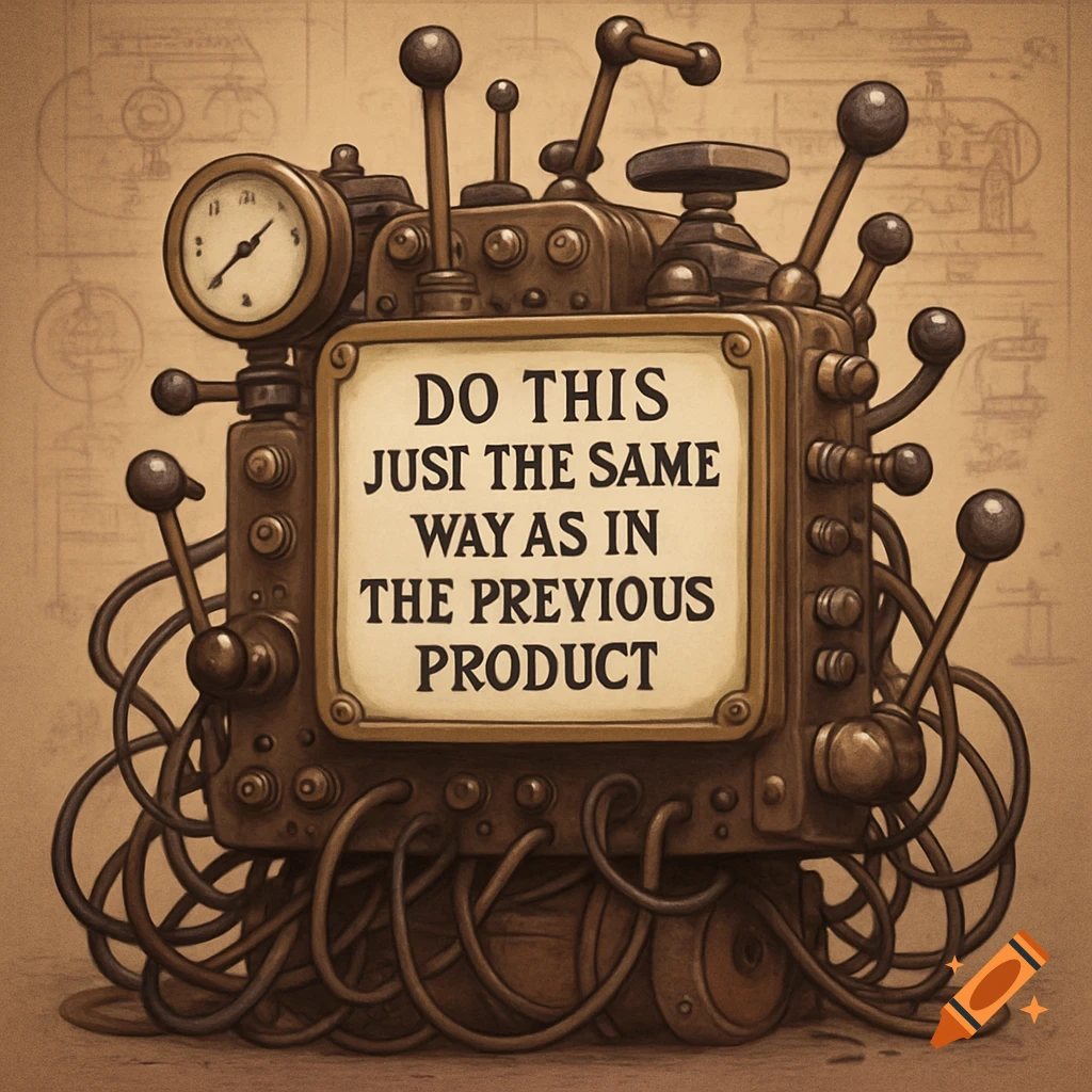An old-fashioned steampunk machine with gears, levers, and a gauge. A sign displays 'DO THIS JUST THE SAME WAY AS IN THE PREVIOUS PRODUCT' on a blueprint background.