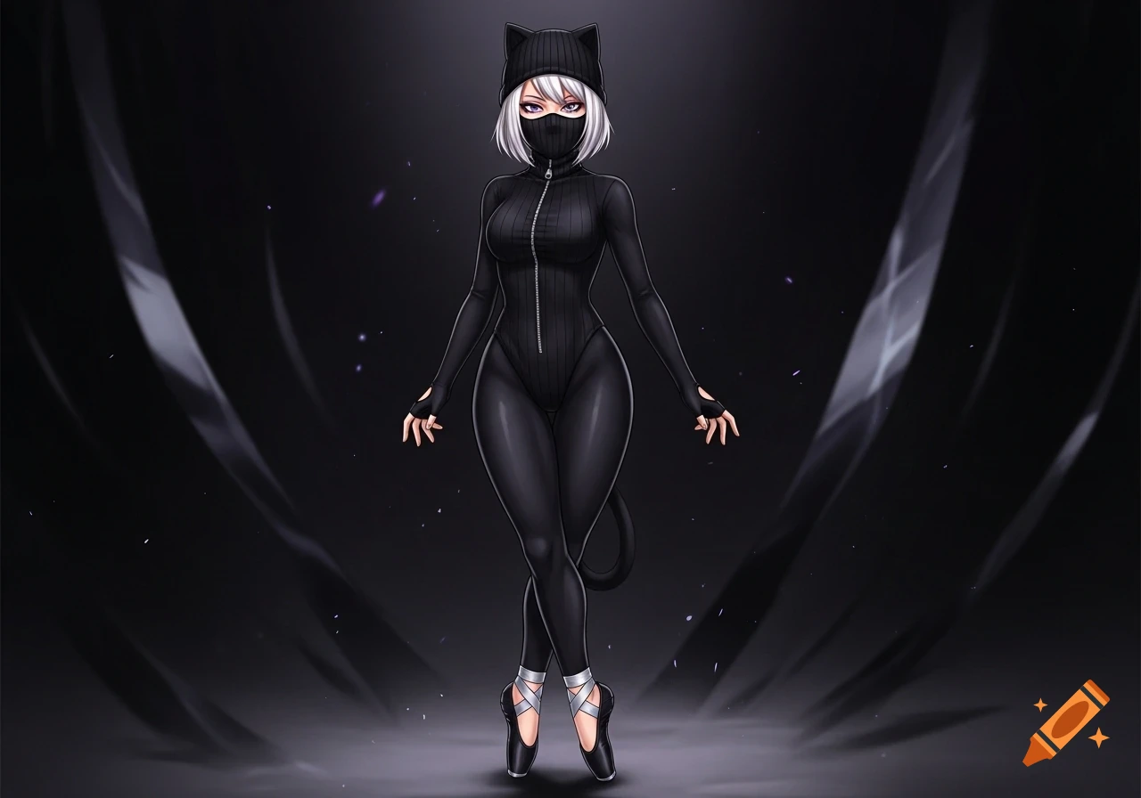 A white-haired catgirl in a black catsuit, mask, and pointe shoes stands against a dark background in anime style.
