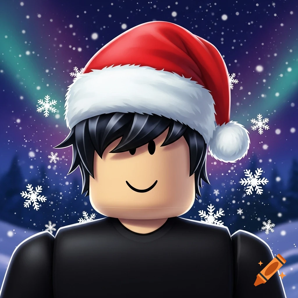 A stylized Roblox character with black hair and a Santa hat against a snowy night sky with aurora borealis and snowflakes.