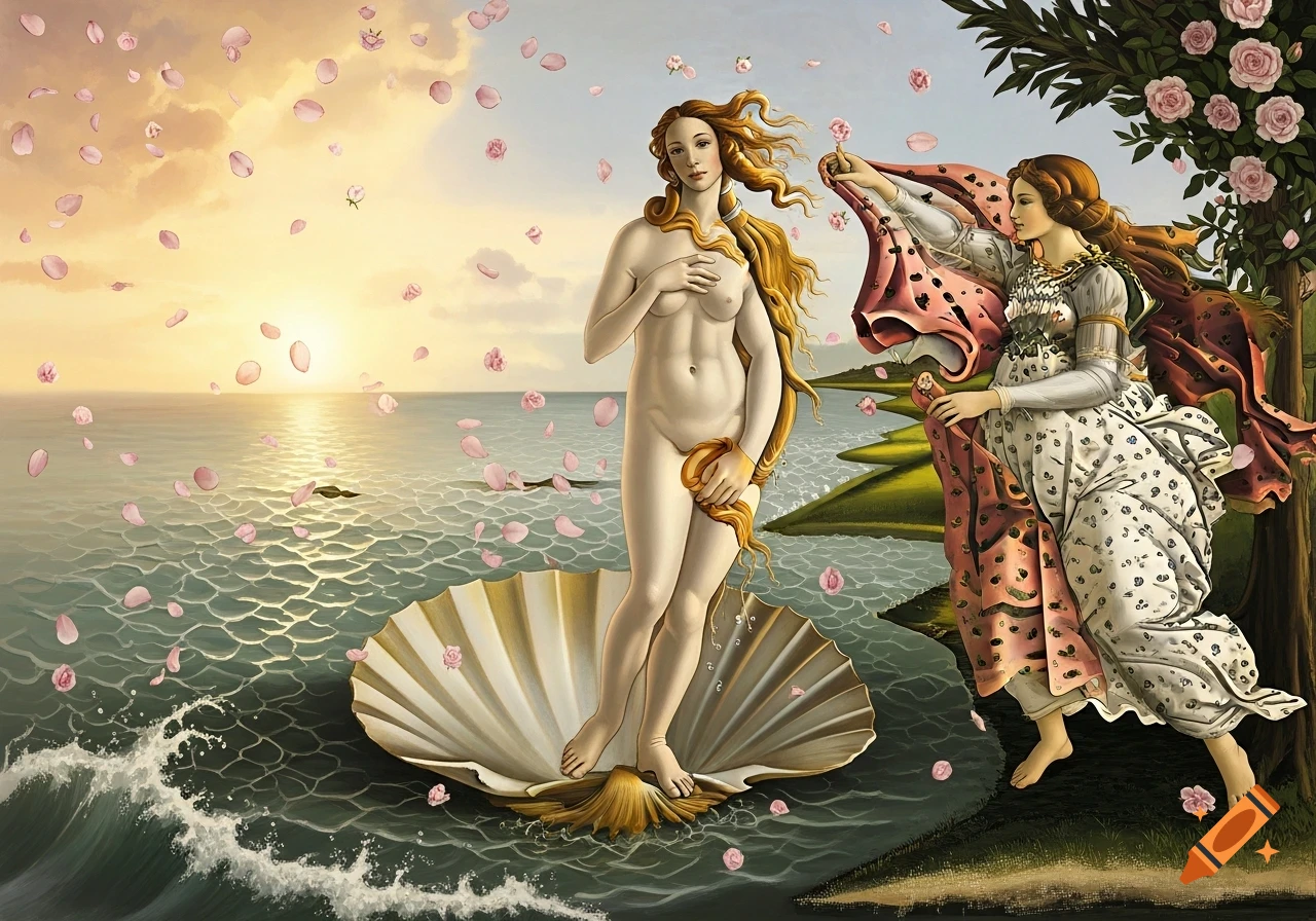 Venus emerges from a seashell on the ocean, covered by flowing golden hair, with a figure bringing a cloak on the right, all under a sunset sky with falling rose petals, in the style of Botticelli.