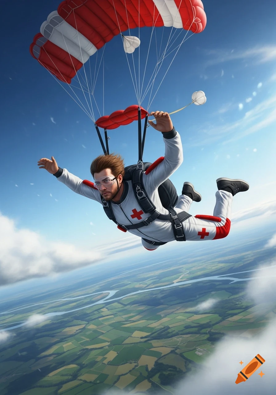 A male medic in a white jumpsuit with red crosses skydives under a red and white parachute over a green landscape.
