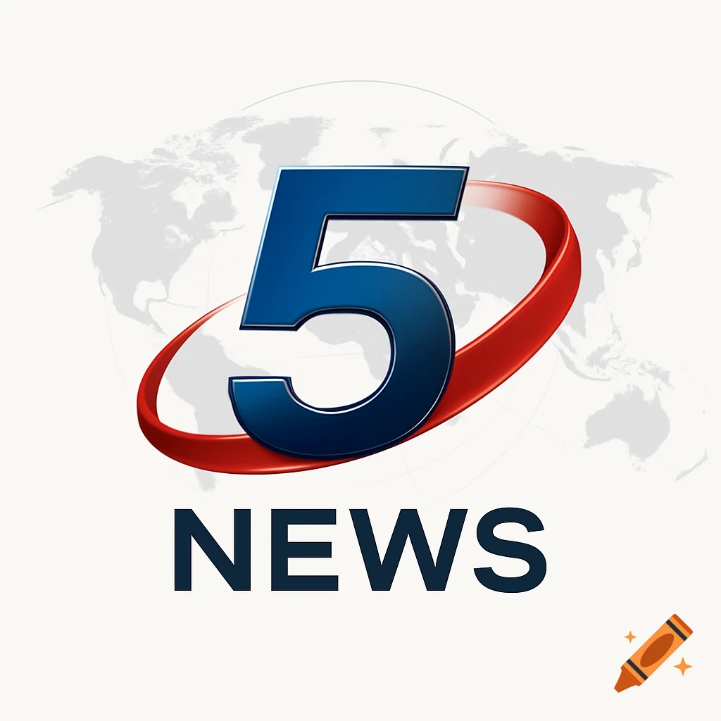 A blue, metallic-looking number 5 with a red swoosh encircling it, above the bold word NEWS, all against a subtle gray world map background.