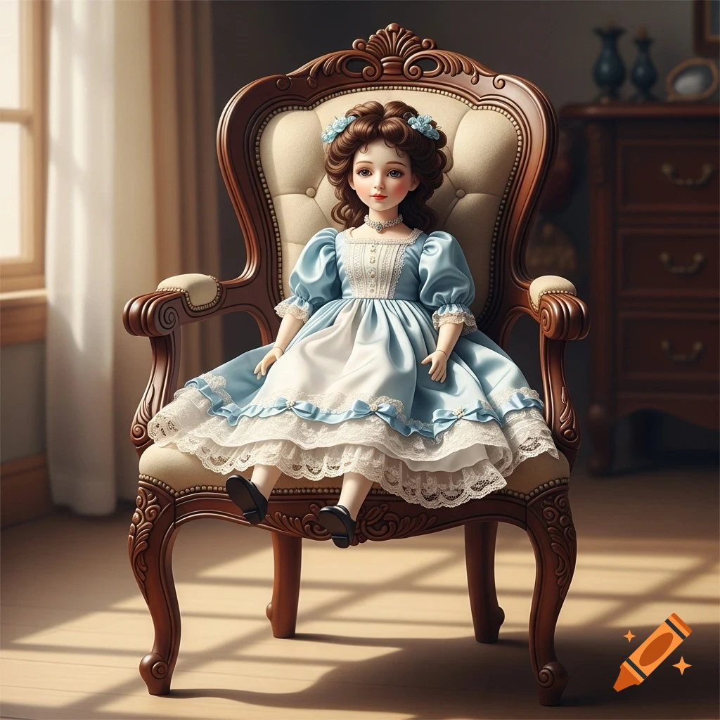 A porcelain doll with brown curly hair and a blue and white lace dress sits in a dark wood, upholstered Queen Anne style armchair.