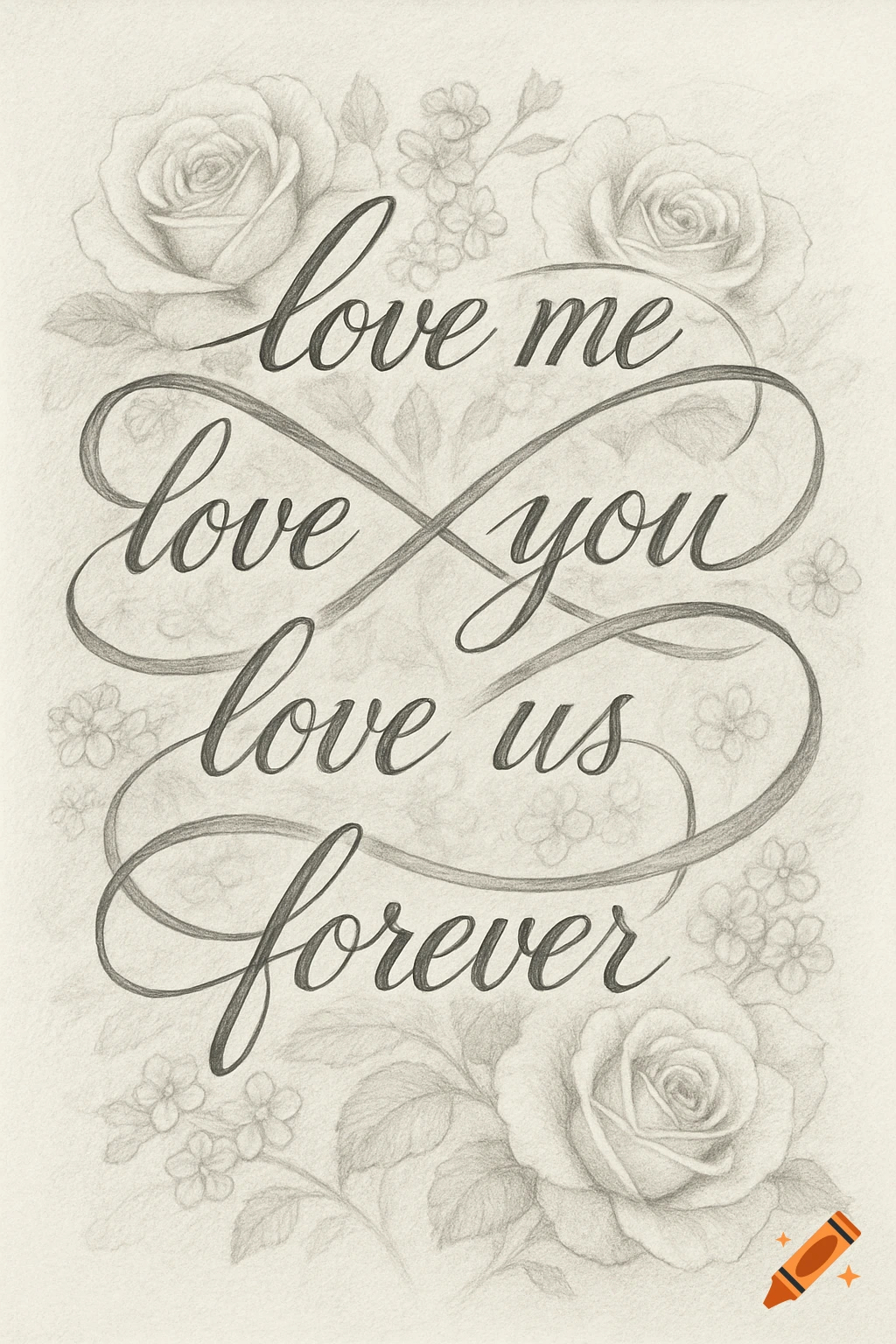 Pencil drawing of 'love me love you love us forever' in script with roses and small flowers.