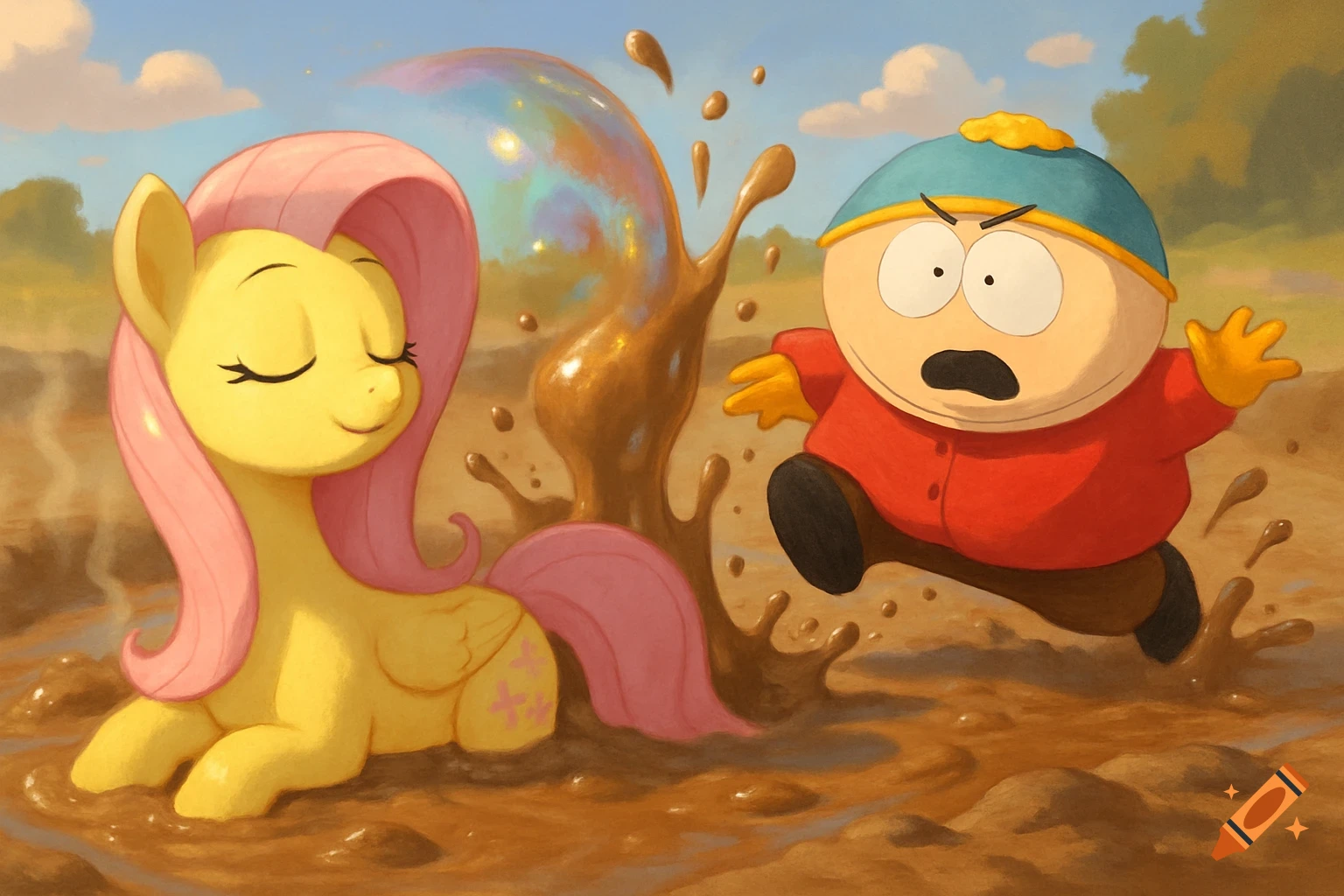 Fluttershy from My Little Pony smiling while sitting in mud, as Eric Cartman from South Park runs away from a mud splash with a scared expression.