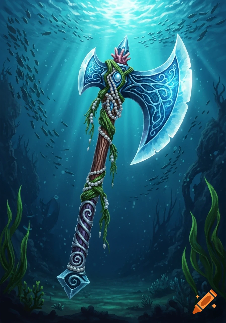 An ornate, glowing blue fantasy axe wrapped in pearls and seaweed, submerged underwater with fish and sunbeams.