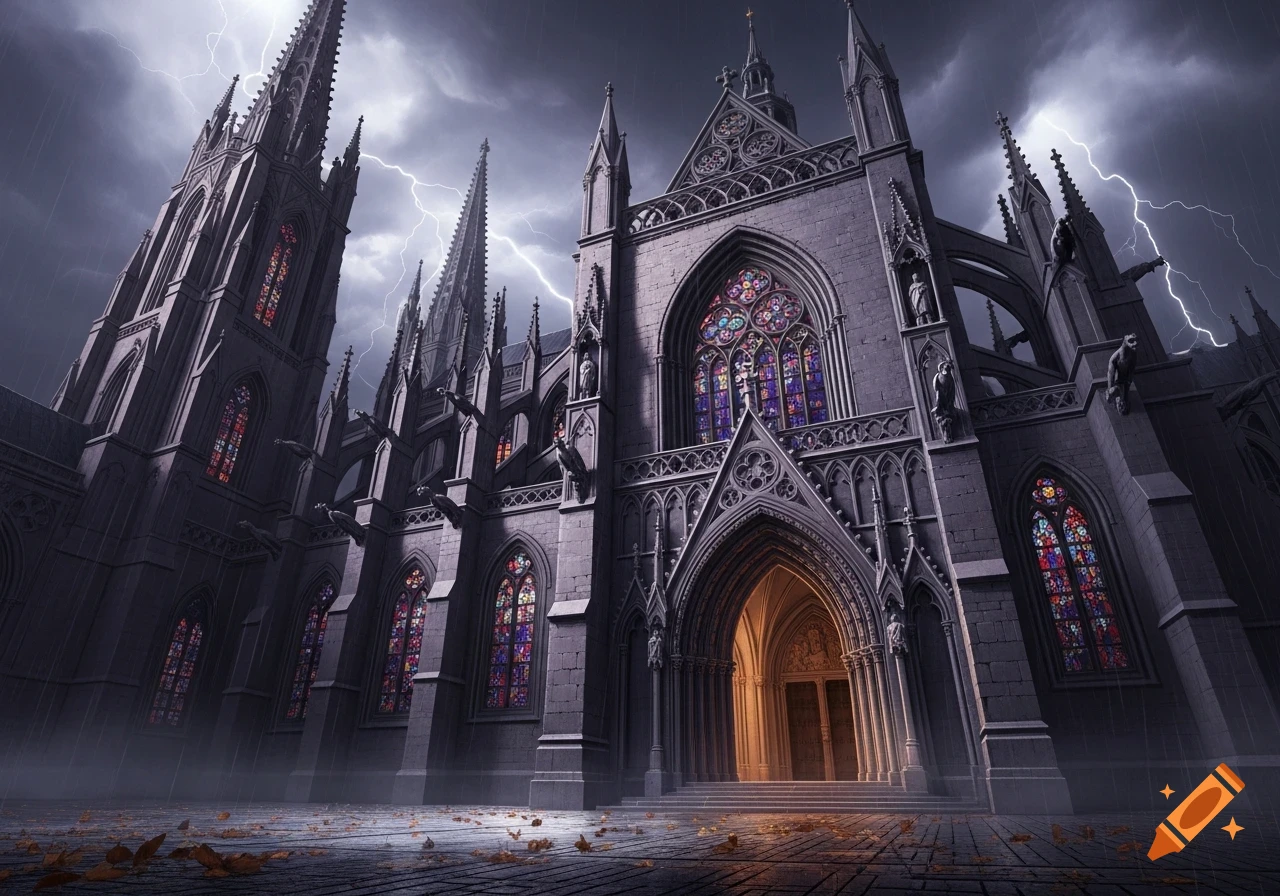 A grand gothic cathedral under a stormy, lightning-filled sky with rain ...