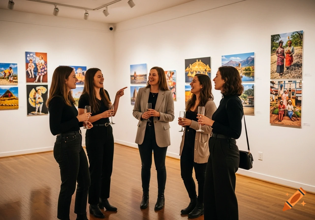 Five young women laugh and talk while holding drinks in a bright art gallery with photographs displayed on the walls.