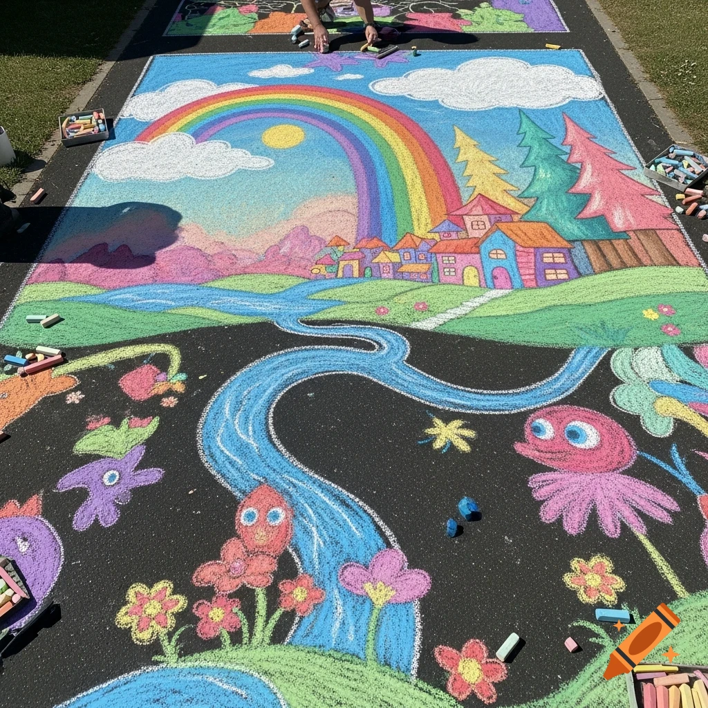 A vibrant chalk drawing on black pavement depicts a whimsical landscape with a rainbow, river, colorful houses, and cartoon creatures.