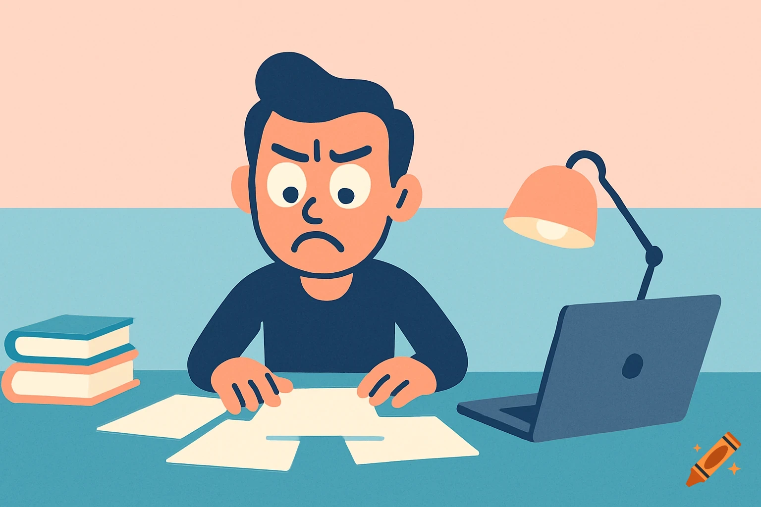 Cartoon man with a confused expression sits at a desk with papers, a laptop, and books in a flat design style.