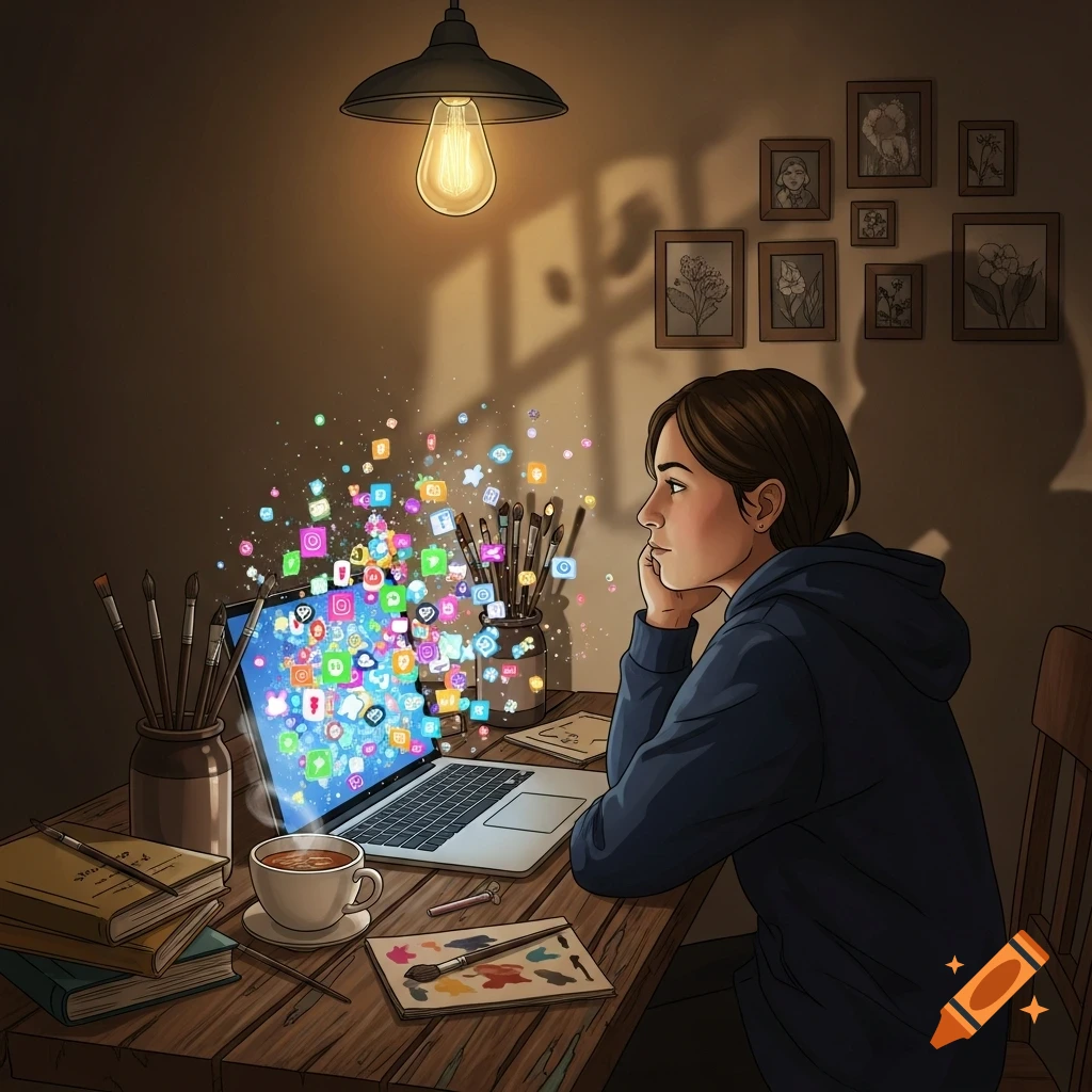 Illustration of a person contemplating a laptop with social media icons bursting out, surrounded by art supplies and books on a wooden desk.