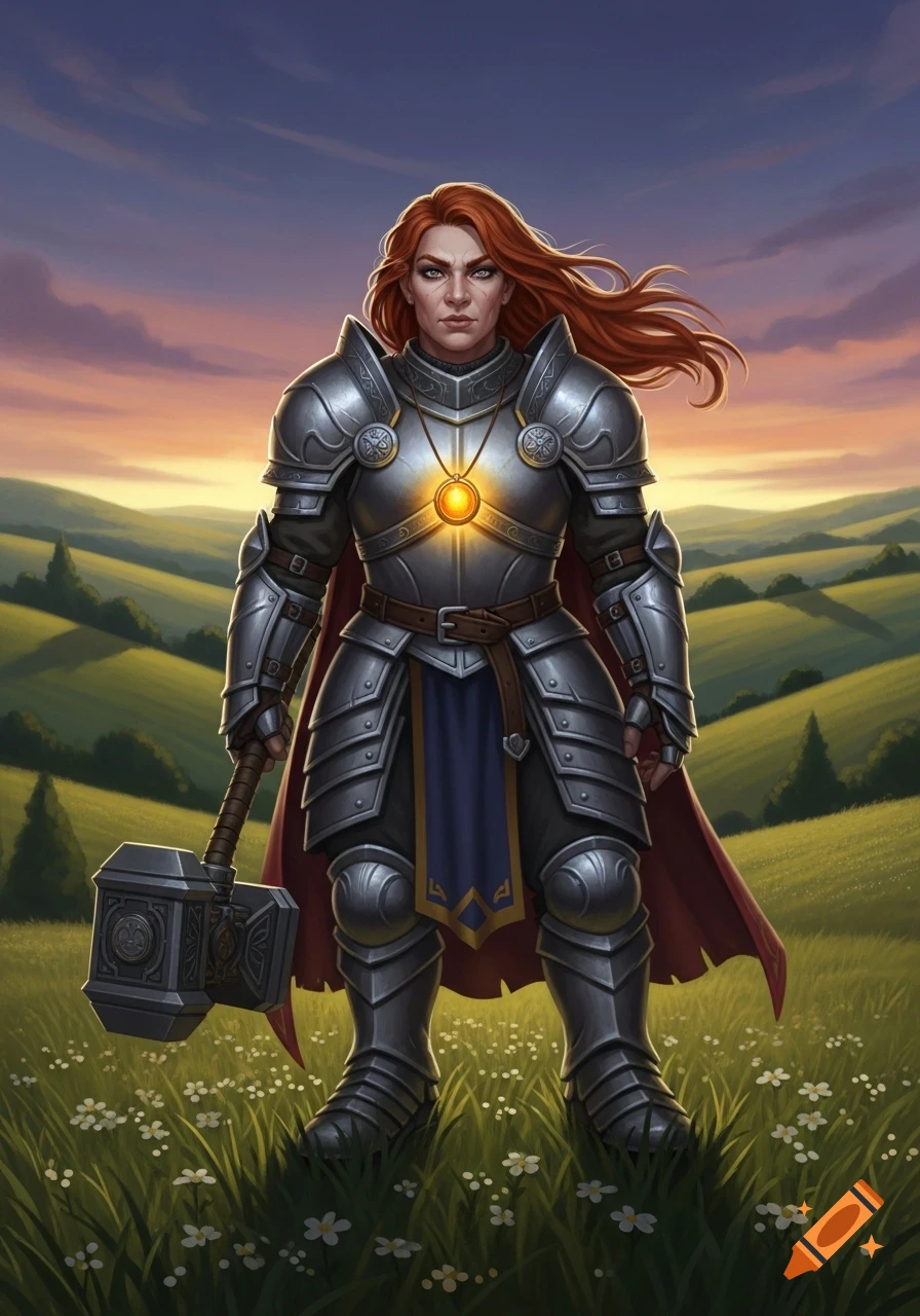 A red-haired female dwarf cleric in full armor holds a warhammer in a grassy field at sunset.