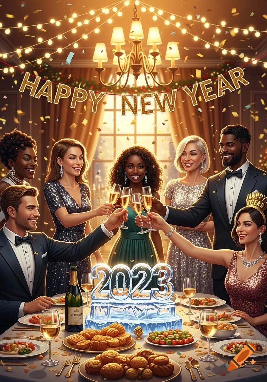 A group of diverse friends in formal wear raise champagne glasses, celebrating New Year's Eve with a 'HAPPY NEW YEAR' banner and a glowing '2023' ice sculpture on a festive table filled with food and confetti.