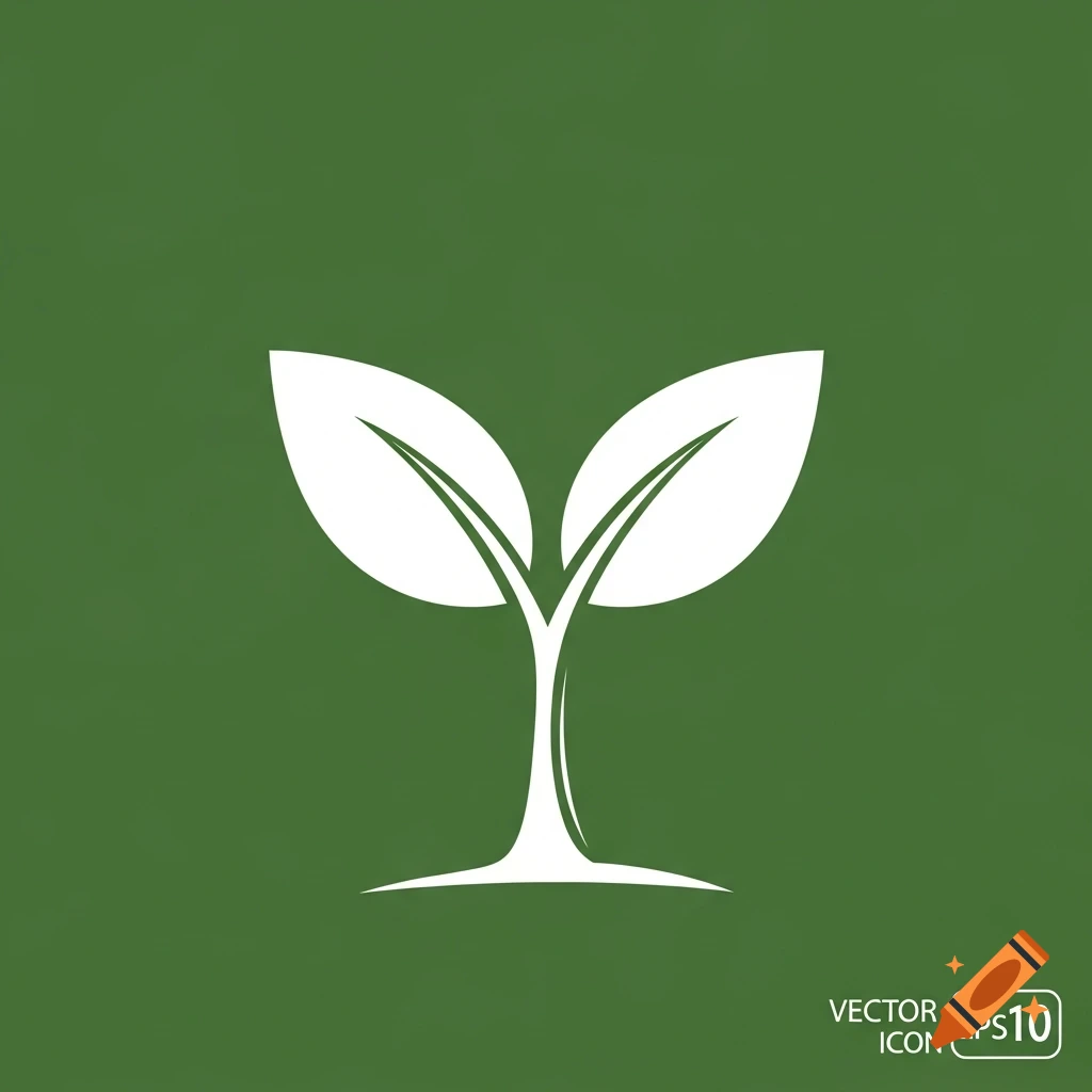 Minimalist white plant sprout icon with two leaves on a solid green background, with 'VECTOR ICON EPS10' text.
