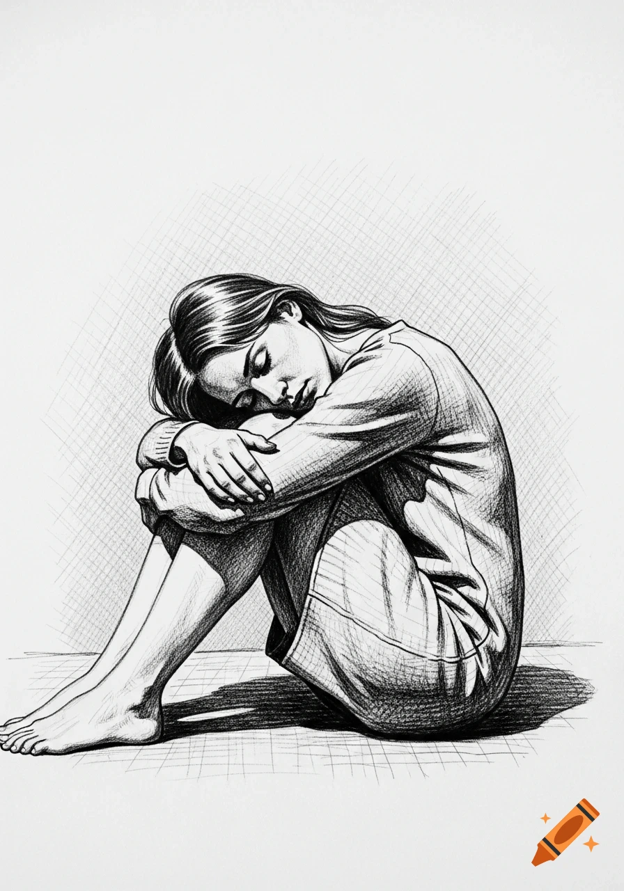 Black and white pen drawing of a woman sitting on the floor, curled up with her head on her knees.
