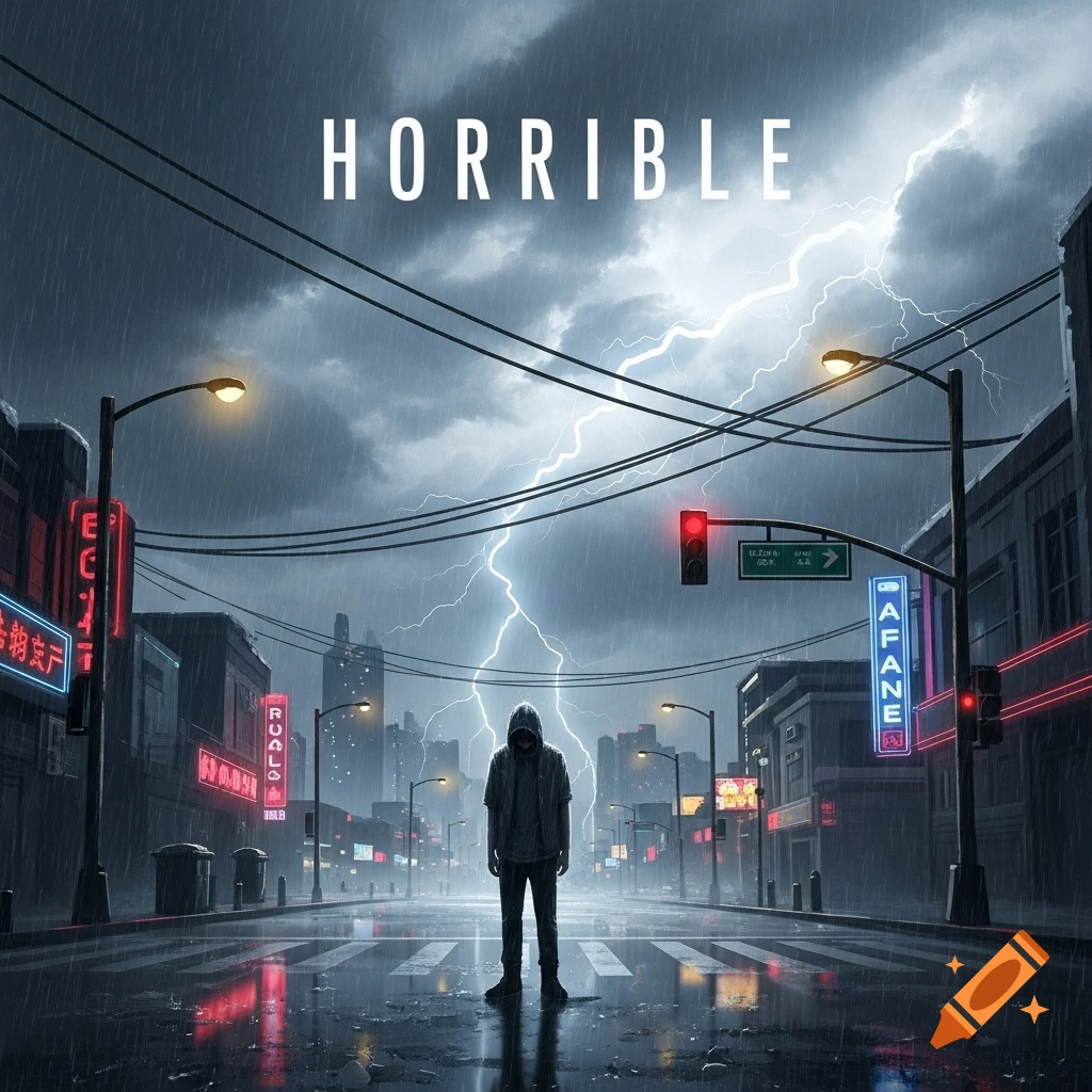 A solitary hooded figure stands in a rainy city street at night, with lightning striking in the dark sky and the word "HORRIBLE" above.