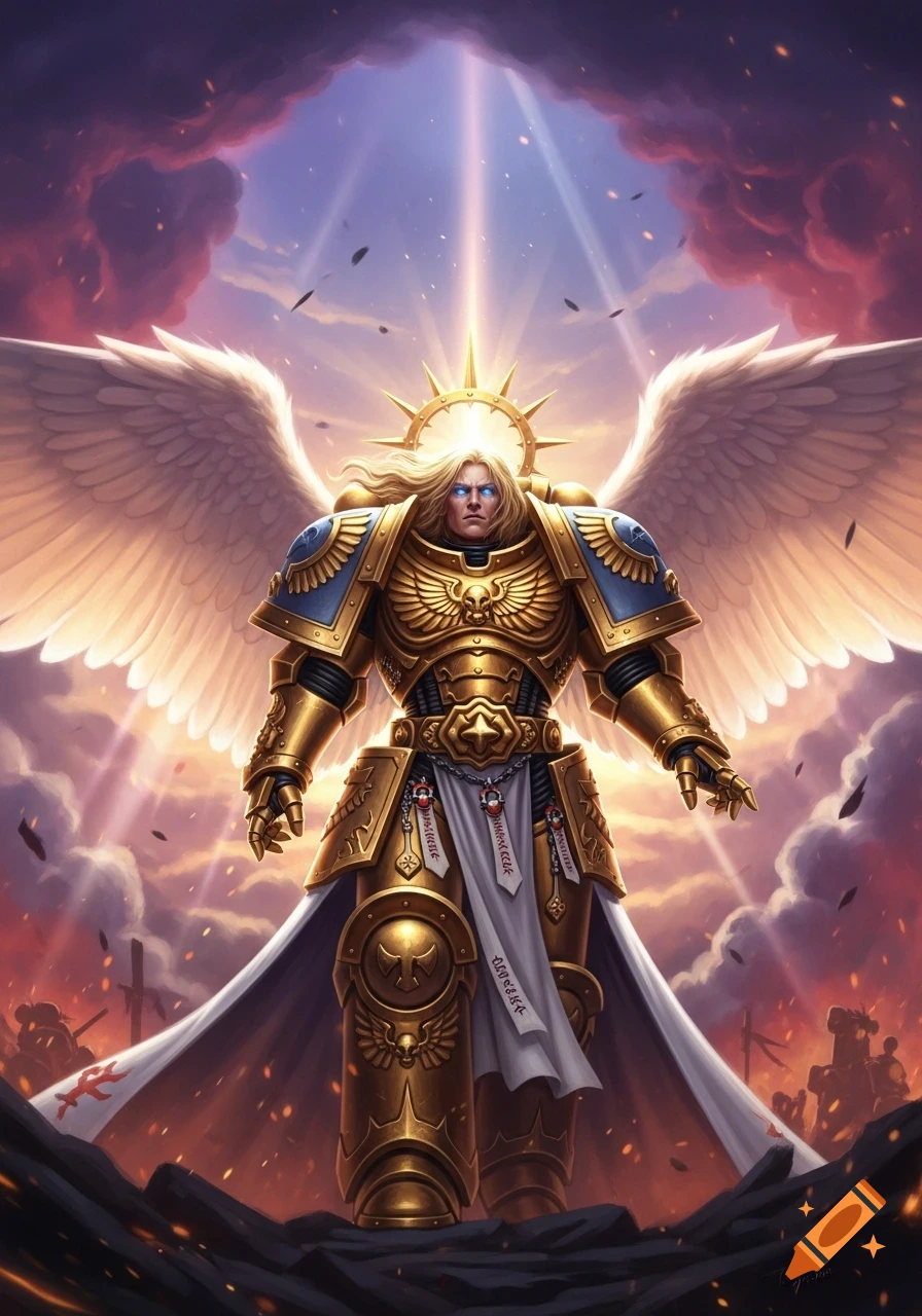 Golden-armored angelic warrior Sanguinius with blonde hair and glowing blue eyes stands against a fiery sky.