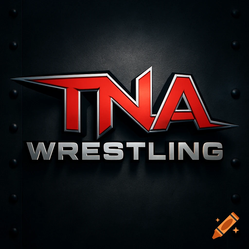 TNA Wrestling logo with red and silver text on a dark, textured background with rivets.