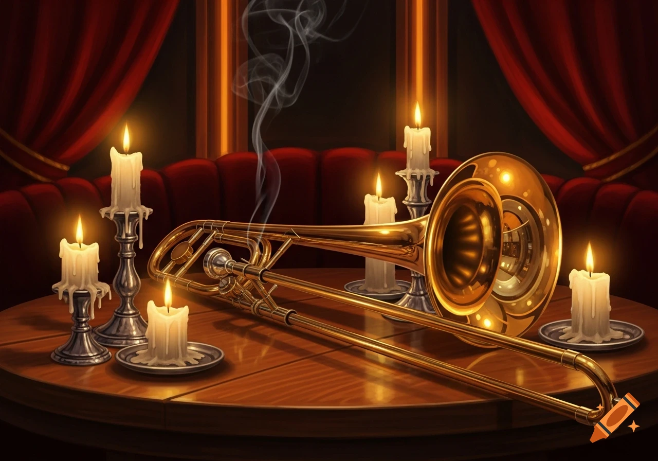A golden trombone rests on a wooden table, surrounded by several lit candles with dripping wax and faint smoke, against a background of deep red curtains.
