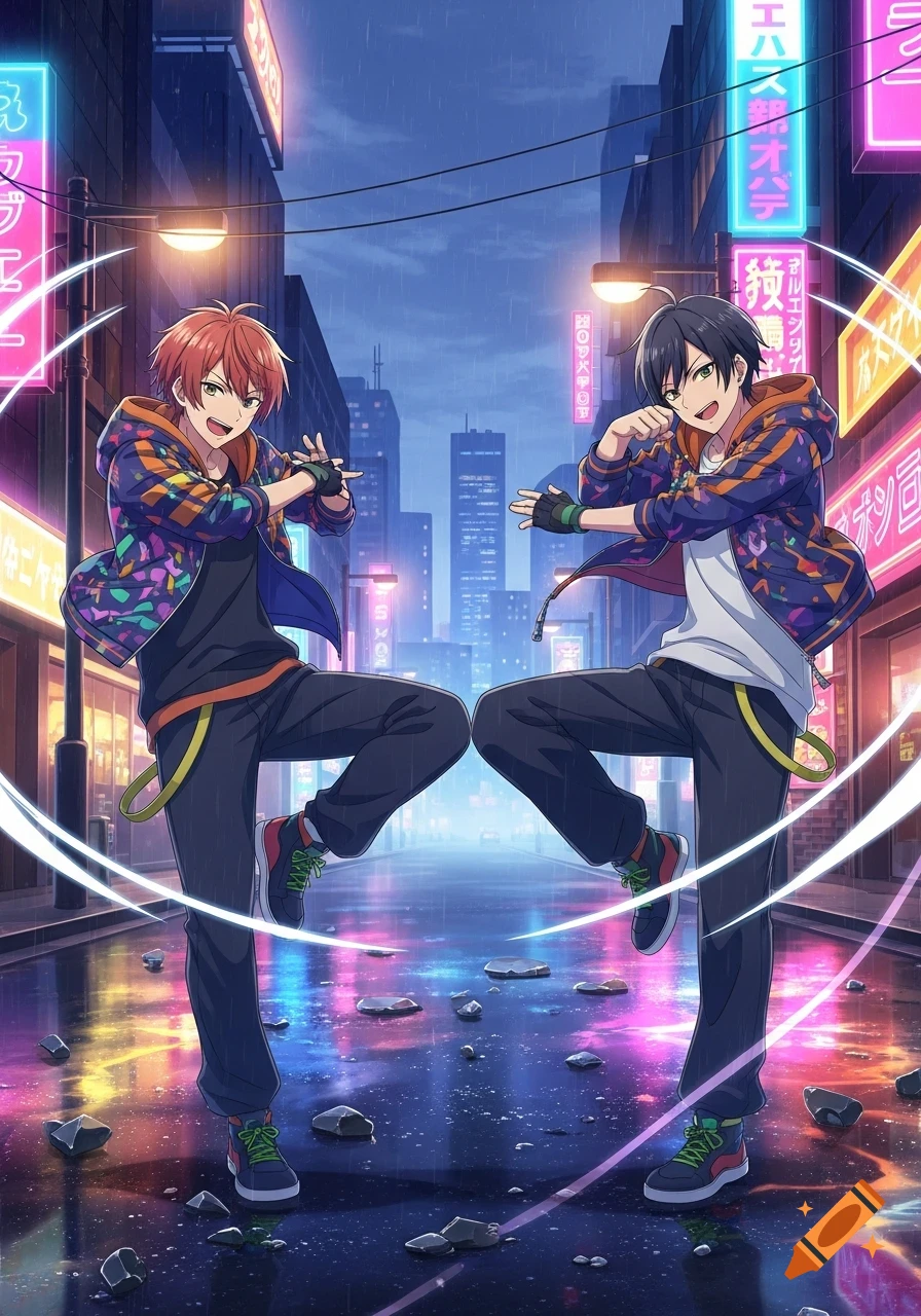 Anime style illustration of two men in colorful hoodies dancing on a rainy city street at night, with neon signs.